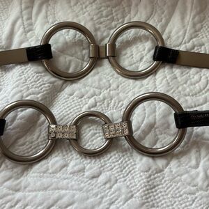 Vintage Simon Black Leather Belt with Silver Rings and Rhinestone Accent